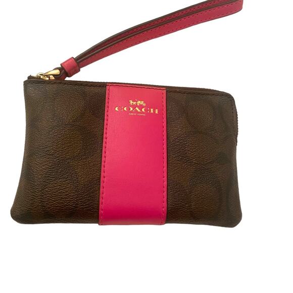 Women's Coach Brown and Pink Signature Wristlet Leather Concert Purse - Picture 4 of 7